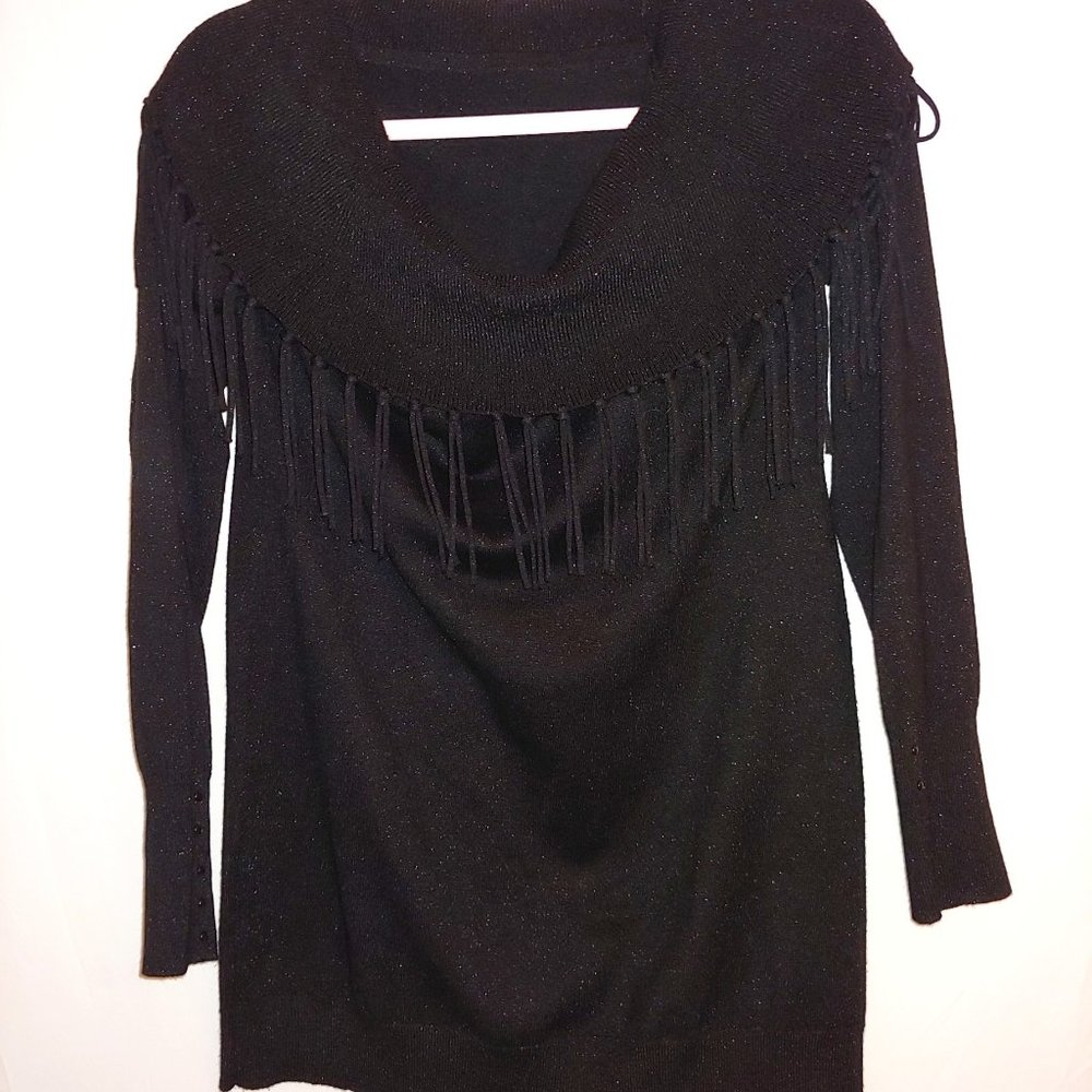 White House Black Market black sparkly sweater with fringe cowl neck Size Medium